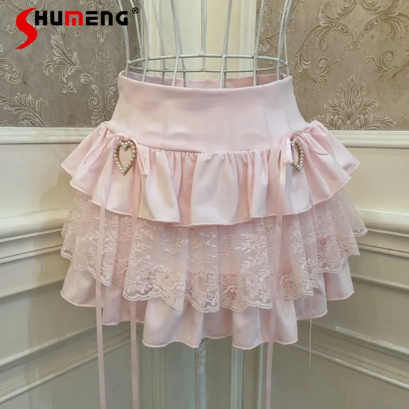 

New Lolita Skirt Sweet Princess Bowknot Love Cake Lace Stringy Selvedge All-Matching Base Hip Half-Length Mini Skirts For Women