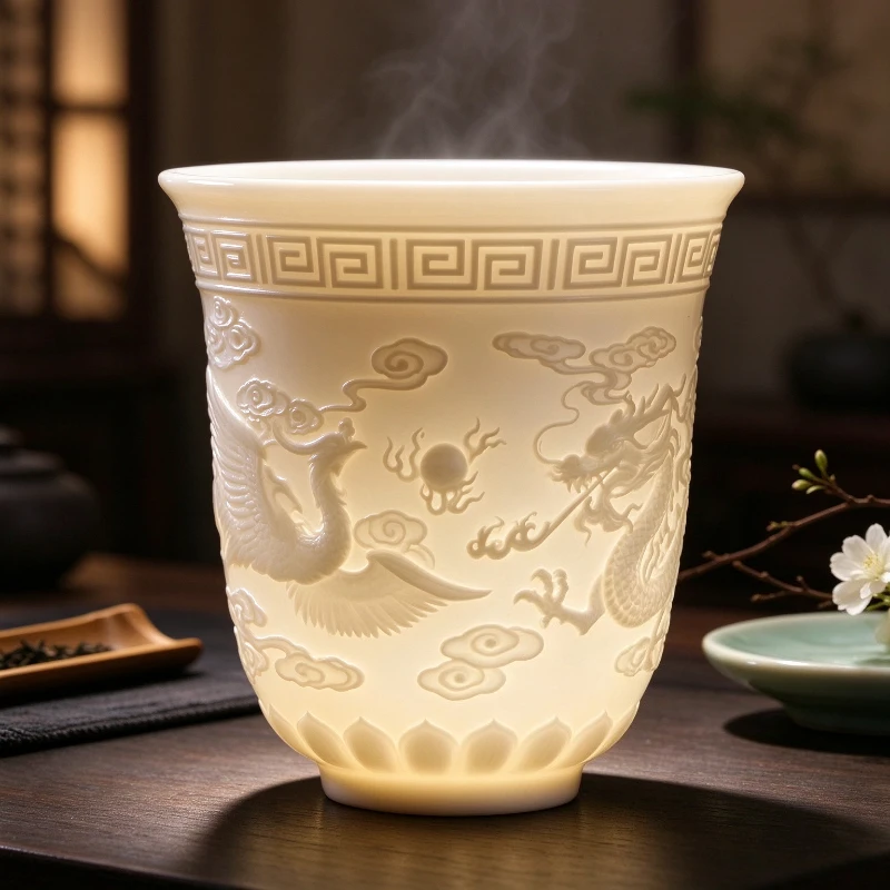 Mutton Fat Jade White Porcelain Host Cup Chinese Kung Fu Tea Ceramic Personal Tasting Cup for Home Tea Ceremony