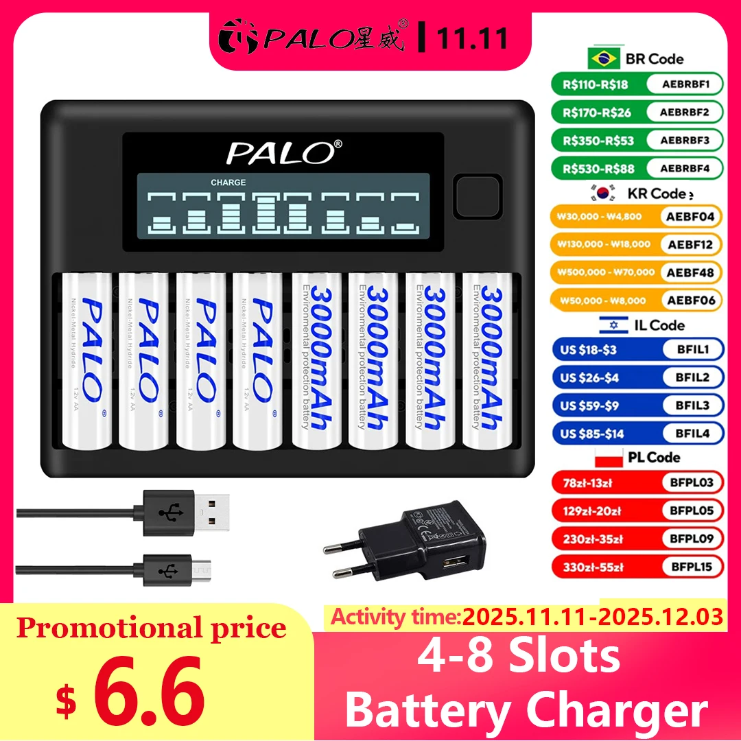 بالو 4-8 فتحات سريع شاحن ذكي شاشة الكريستال السائل شاحن بطارية ذكي ل 1.2 فولت AA AAA NiCd NiMh بطارية قابلة للشحن