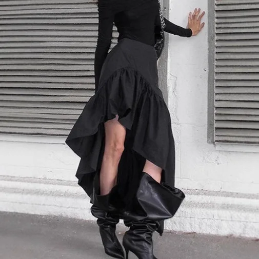 Black High-Waisted Maxi Skirts Fashion Ruffled Asymmetric A-Line Skirts Retro Y2K Party Looks Streetwear Women Skirts