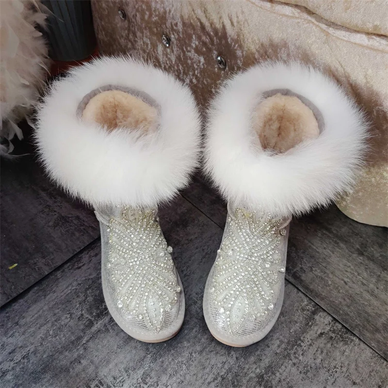 Silver mid-tube natural fox fur luxury rhinodrill fur integrated snow boots warm non-slip large size women's cotton shoes 35-44