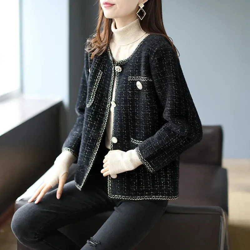 Elegant Faux Mink Cashmere Sweater Cardigan Women Vintage Luxury Design Plaid Knitted Coat Korean Style Soft V-Neck Knitwear Top