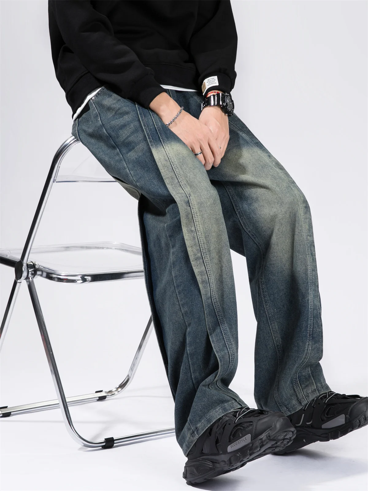 

Retro American Splicing Design Men's Jeans Straight Leg Trendy Loose Couple Casual Waed Wide Leg Long Pants