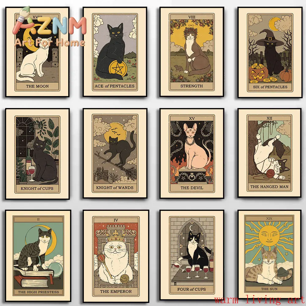Abstract The Lovers Tarot Wall Art Canvas Painting Sun Star Empress Black Cat Posters Prints Living Room Halloween Home Decor