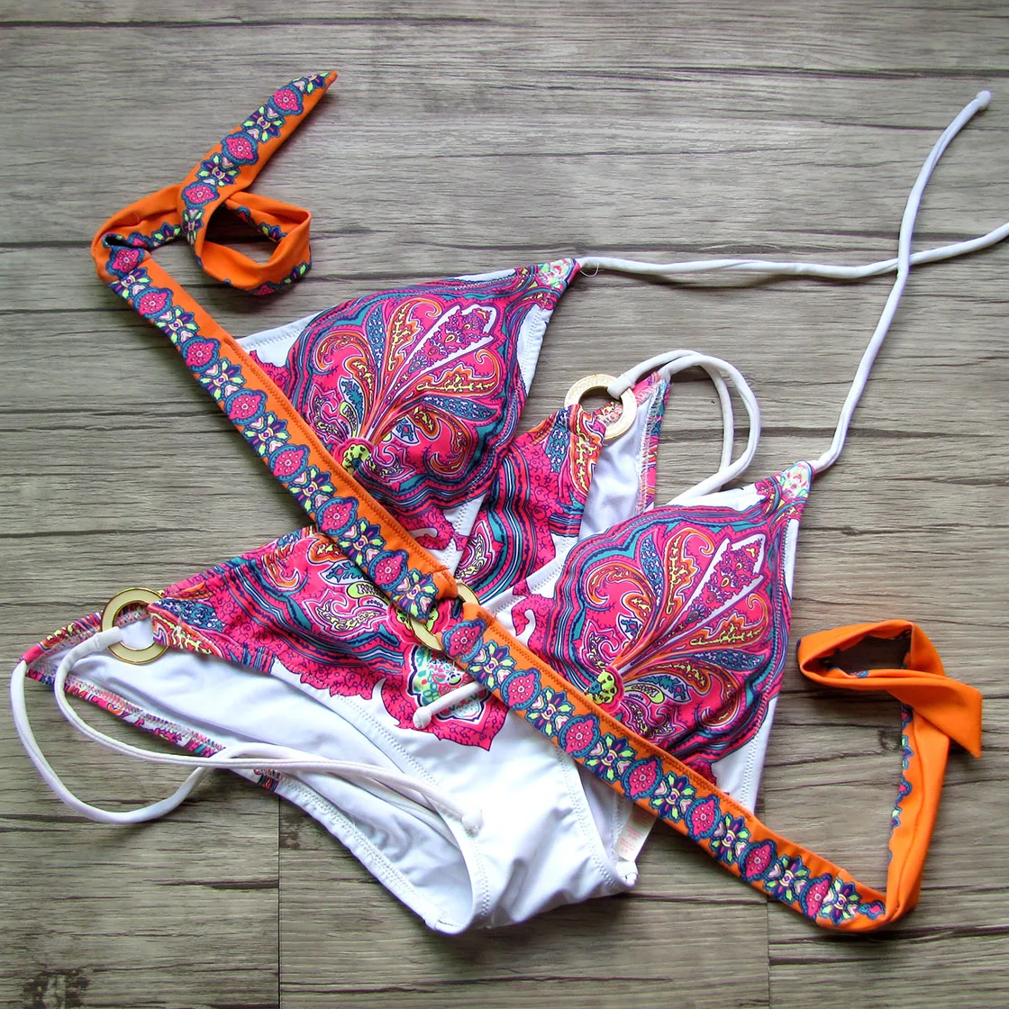 Women Bikini Sexy Swimwear pink Printing Triangle Bikinis Swimsuit Vintage Swimming Suit Female Bathing Suit Secret