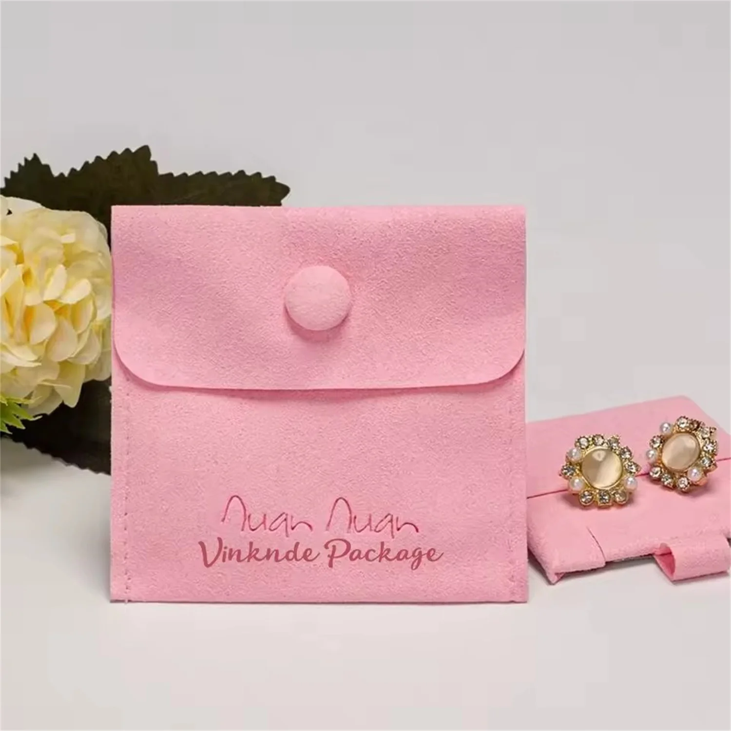 Customized Logo Baby Pink Microfiber Button Bag With Insert Card Jewellry holder Bags Necklace Rings Earring Storage Dust Pouch
