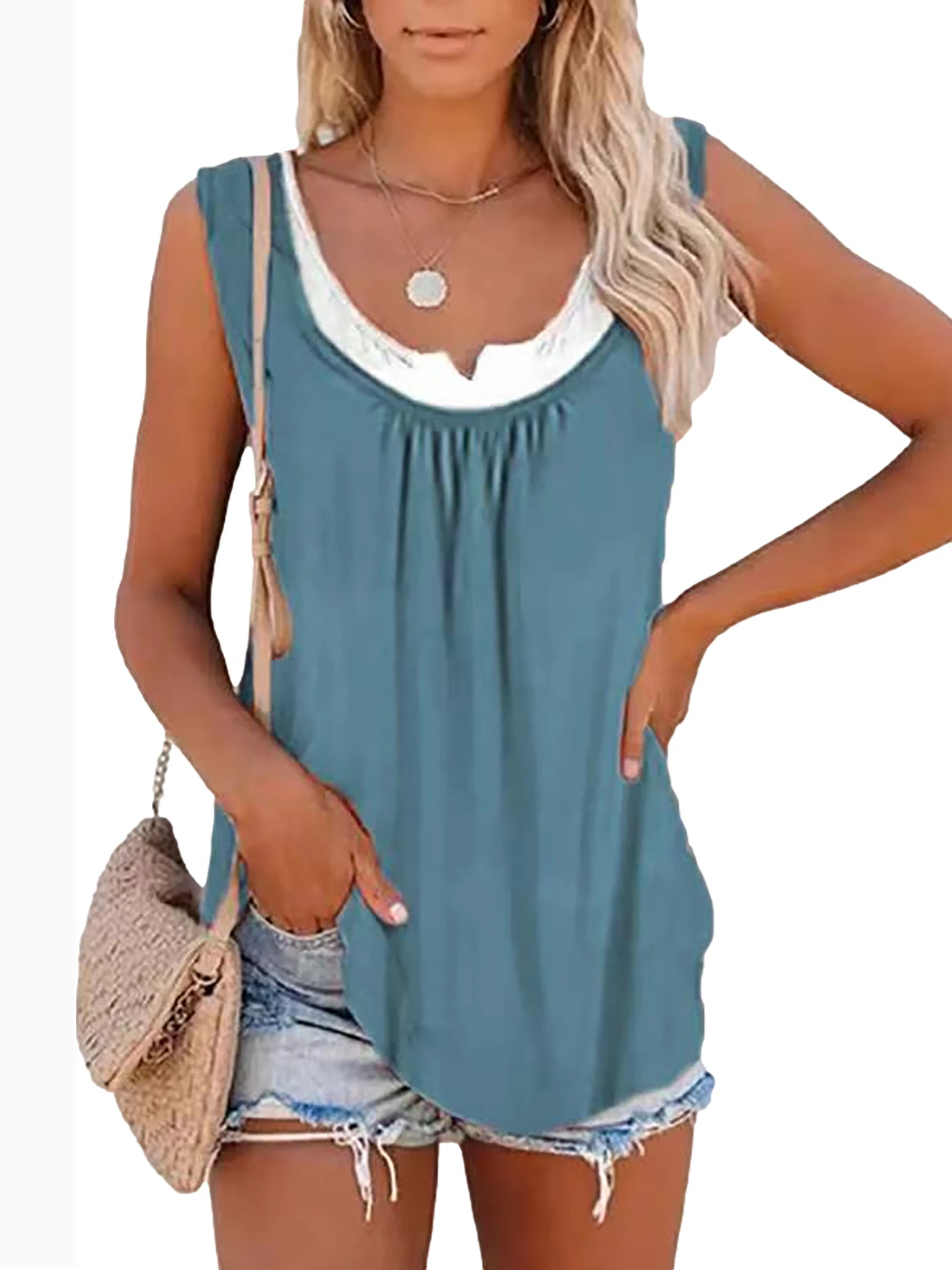 2024 summer new Europe and the United States women's blouse solid color patchwork sleeveless pleated vest T-shirt