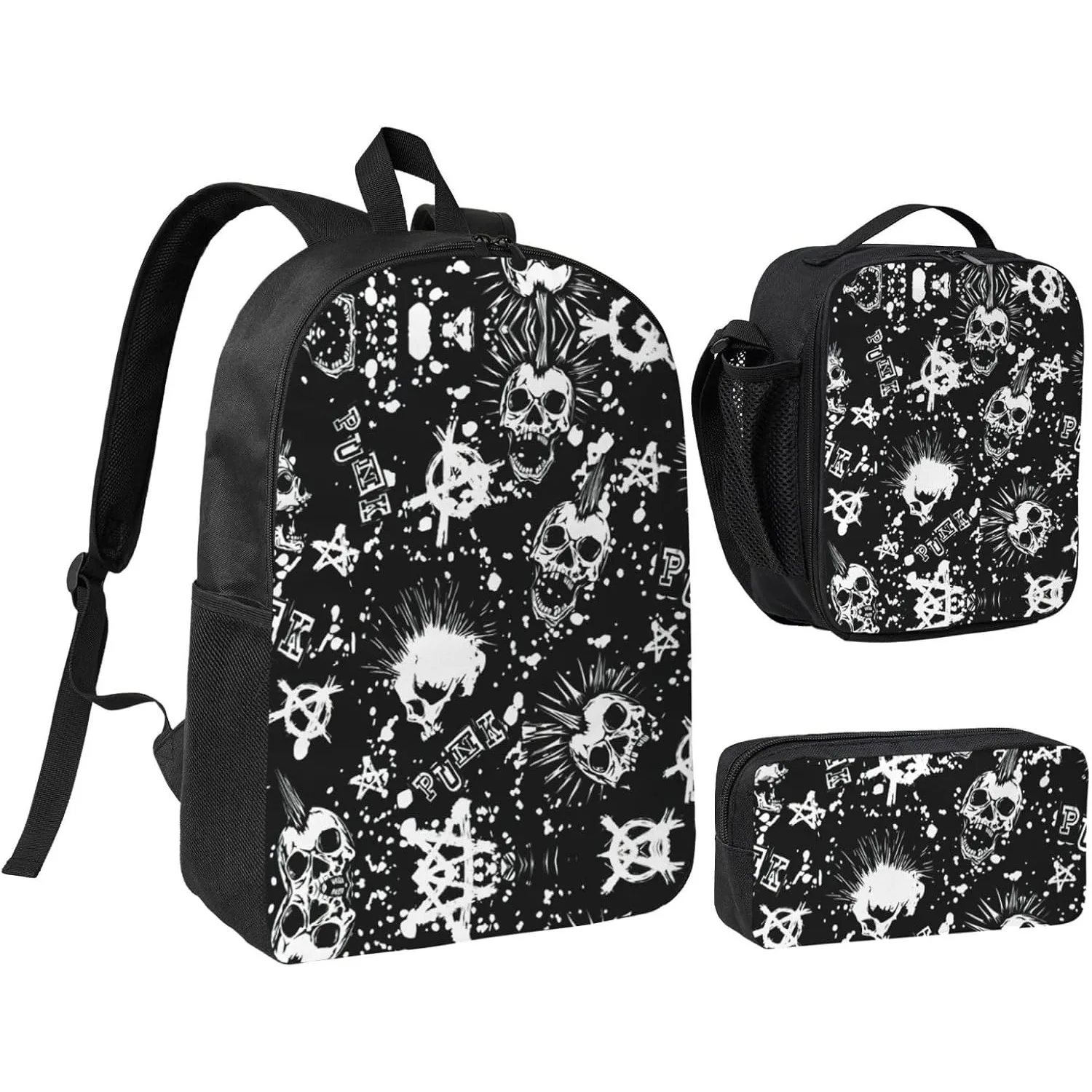 

White Punk Skull Print Shoulder Bookbags Lunch Bag and Pen Case 17 Inches Backpack with Lunch Box Cute Bookbag Set