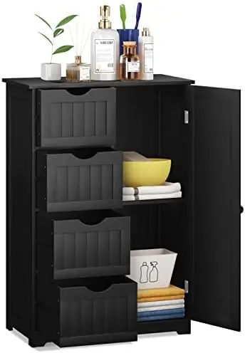 

Bathroom Floor Cabinet, Free Standing Cabinet with 4 Drawers & Single Door, Adjustable , Multipurpose Organizer for Home O