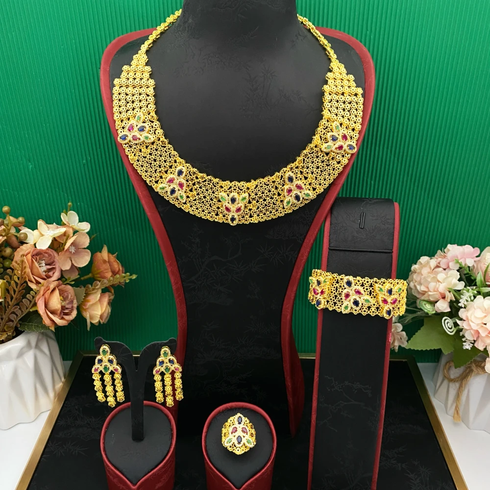 

Falair Saudi Eswerah комплект ювелирных изделий с цирконом для арабских женщин позолоченное медное ожерелье кольцо серьги ансамбль