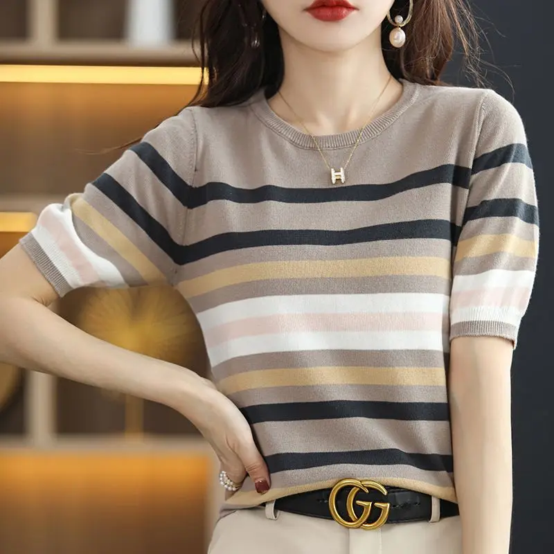 Summer Women Striped Knitted T-Shirt Koreon New Basic Pullover Female Clothing Vintage Casual Versatile Loose Short Sleeve Tops