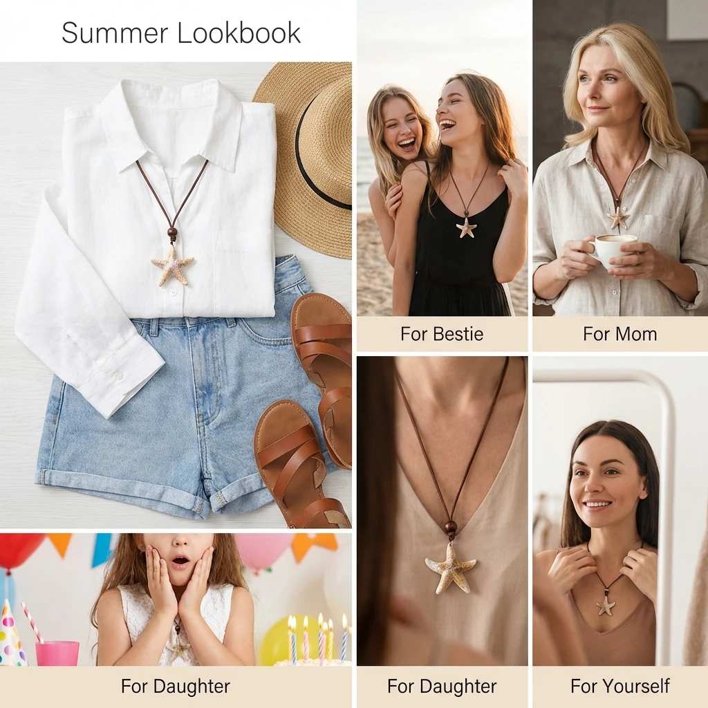 Vintage braune Seestern-Halskette für Damen, lange Seil-Boho-Anhänger-Halskette, erdfarbener Sommer-Strand-Urlaubsschmuck, Geschenk – Detail 3