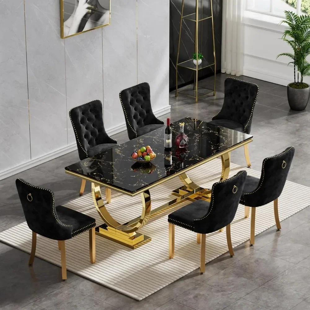 Dining Table and Chairs ,w/6 Black Velvet Upholstered Chairs,7 Piece Black Faux Marble Dining Room Table Set