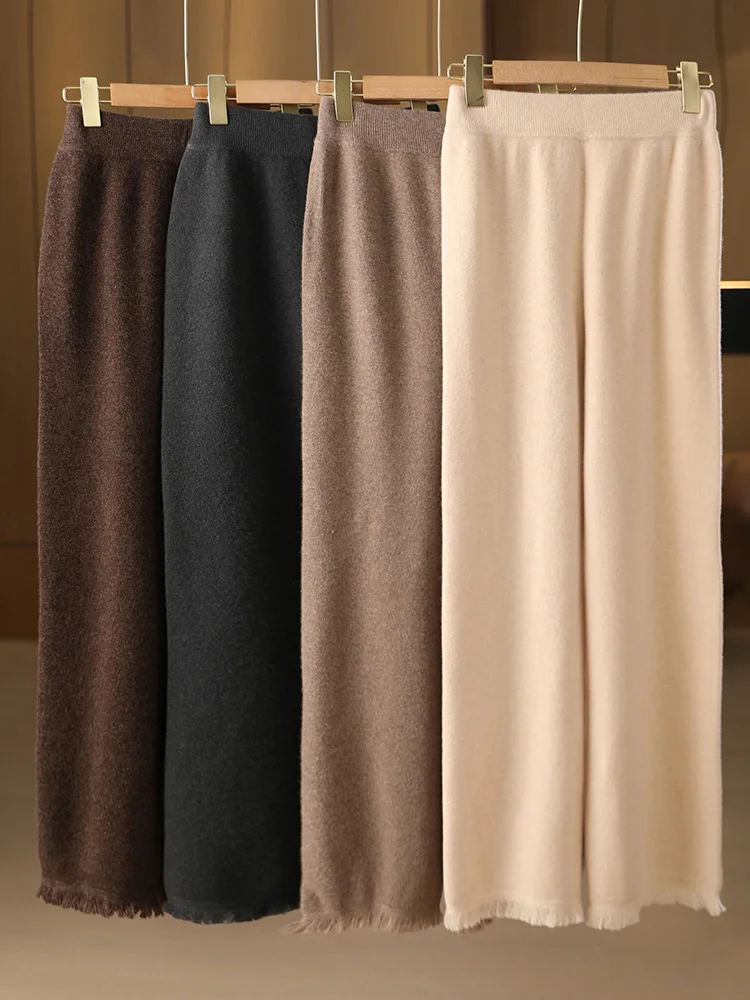 

New Autumn Winter Women's Thick Casual Loose Tassel 100% Merino Wool Knitted Wide-Leg Pants Comfortable Soft Warm Retro style