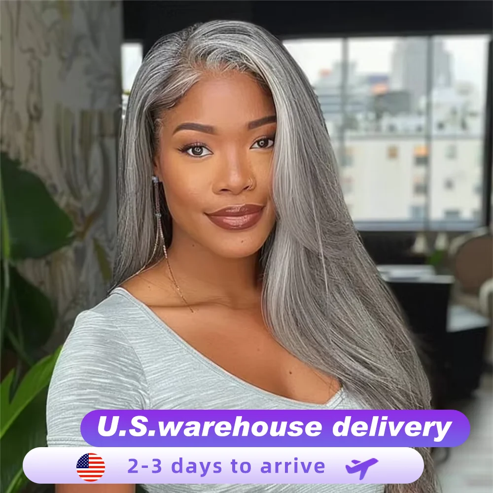 

300% Density 13X6 HD Lace Front Wig Human Hair Salt & Pepper Gray Color Pre-Cut Straight Lace Frontal Wigs Human Hair For Women
