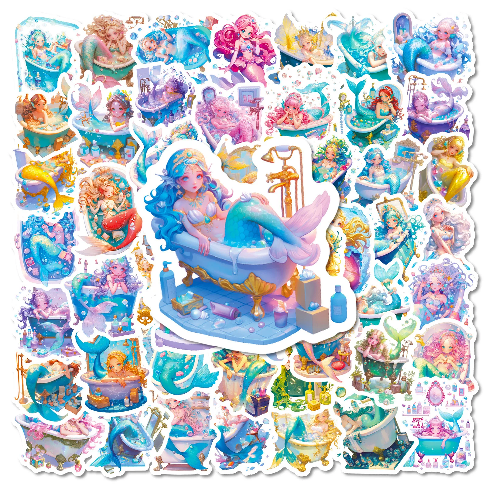 10/56PCS New Dreamy Mermaid Bathtub Graffiti Stickers Beautiful Mermaid Cartoon Decal Notebook Phone Guitar Skateboard Kid Toys