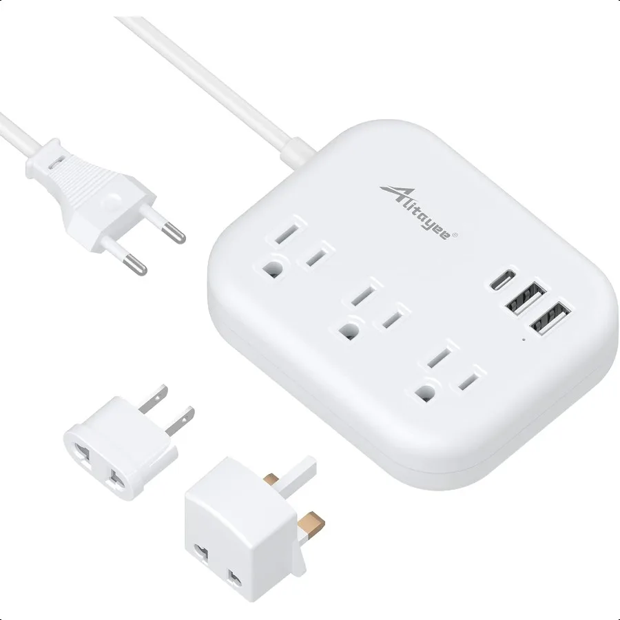 

European Travel Plug Adapter EU UK US Travel Power Strip with 3 Outlets 3 USB Ports International Universal Plug Adapter with 3
