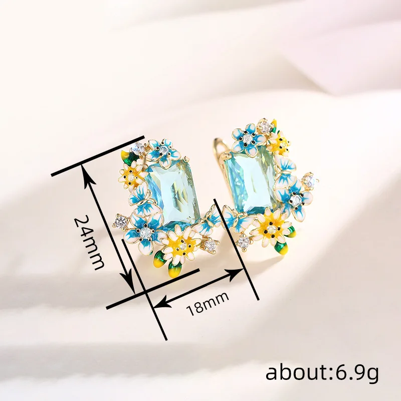 Huitan Blue Yellow Flowers Enamel Earrings with Big Sky Blue CZ Aesthetic Drop Earrings for Women Wedding Party Unique Jewelry