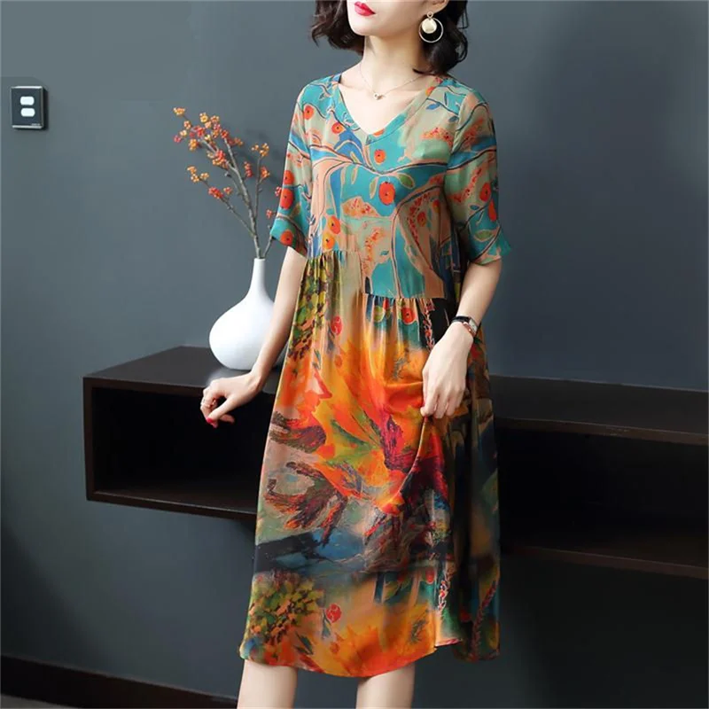 Loose Over Knee Length Silk Dress For Women 2024 New Spring Mulberry Silk Print Loose Size 5XL Medium Length Print Dress Summer