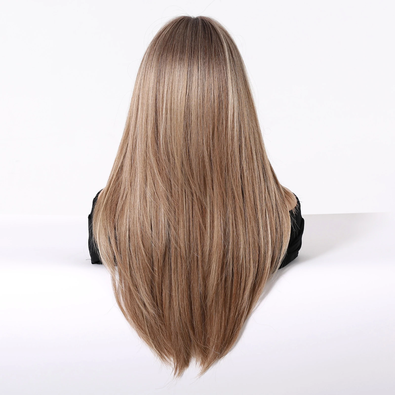 Brown Ombre Balayage Long Straight Layered Synthetic Wig with Curtain Bangs for Women Highlighted Hair Natural for Daily