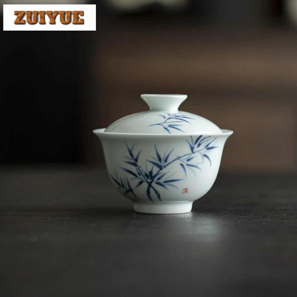 135ml Pure Hand-painted Bamboo Gaiwan Luxury Underglaze Color Cup Saucer Tea Tureen Tea Maker Small Cover Bowl Tea Ceremony Gift