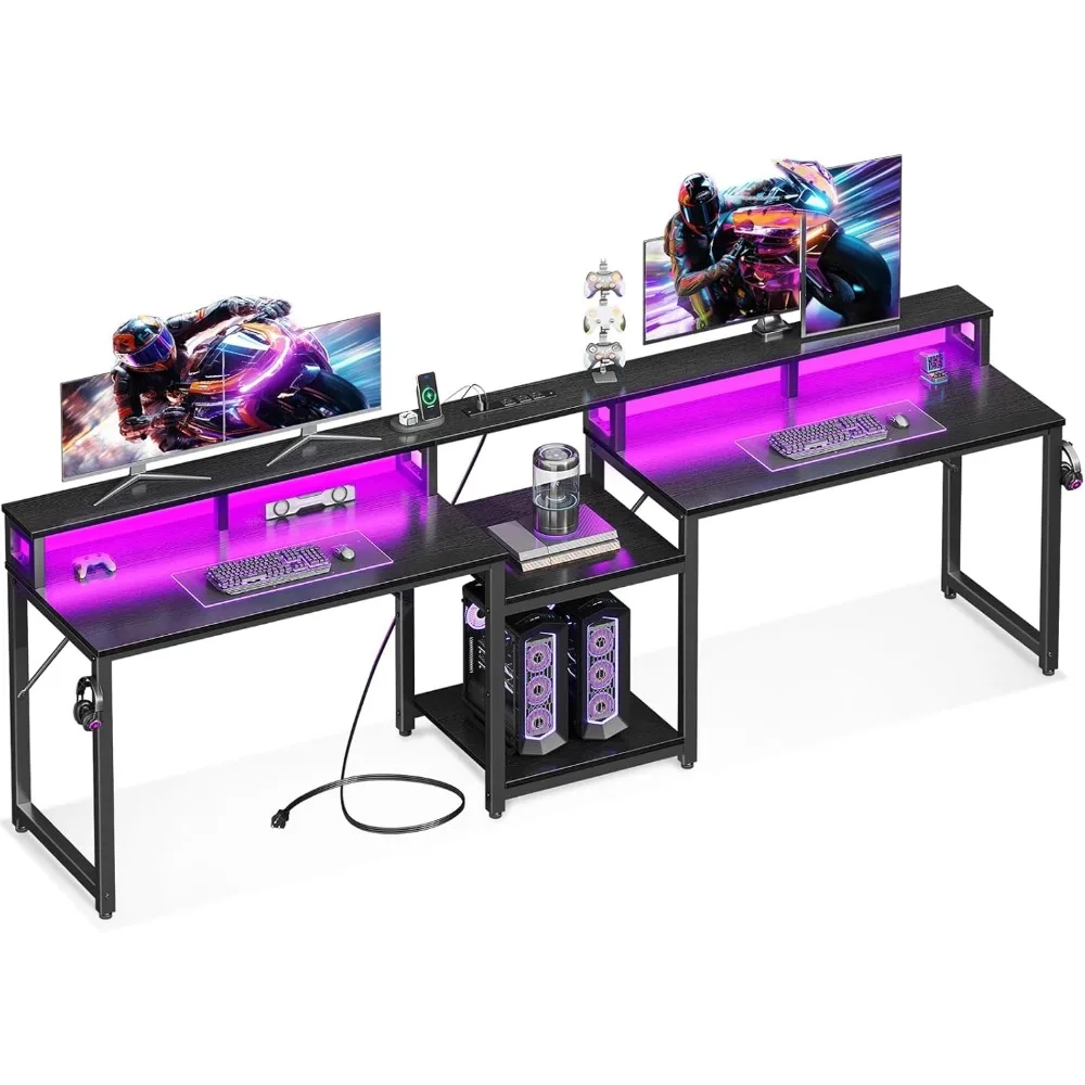 98 Inch 2 Person Gaming Desk with Storage Shelves- Long Double Home Office Computer Desks with USB Charging Port & LED Lights