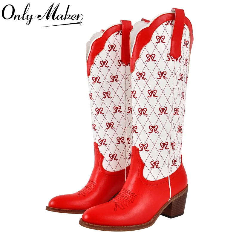 

Onlymaker Women Pink Pull-on Knee High Cowgirl Boots with Bow Comfy Women Big Size Cowboy Boots