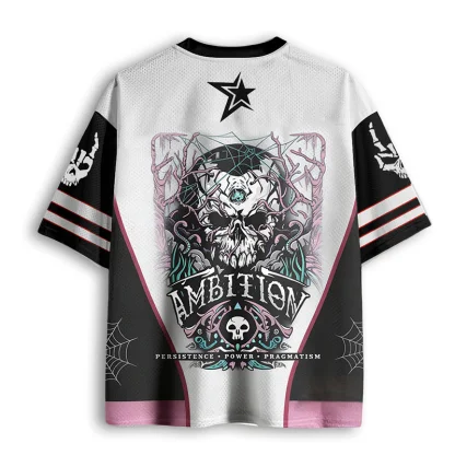 Gothic Skull Ambition Mesh Jersey, Spider Web Print V Neck Streetwear Top