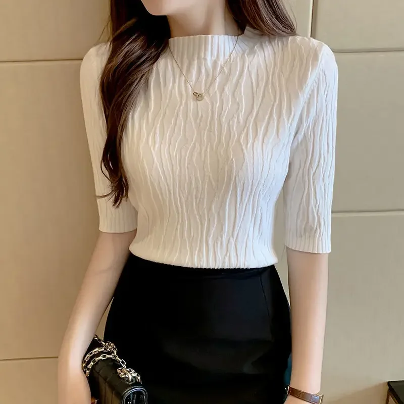 

Medium-sleeved Bottoms Sweater Sweater Women Fall New Half-high Neck Chic Slim Short Tops Inside The Short-sleeved Knitwear