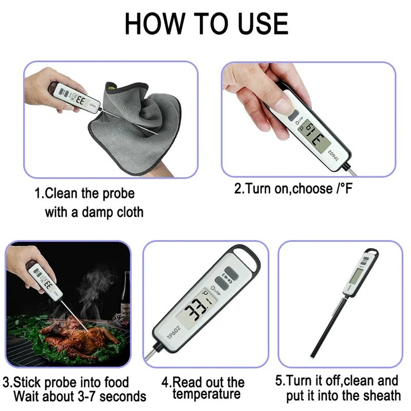 A96I-2X TP602 Meat Thermometer Kitchen Digital Cooking Food Water Milk Probe Electronic BBQ Temperature Detector Tool