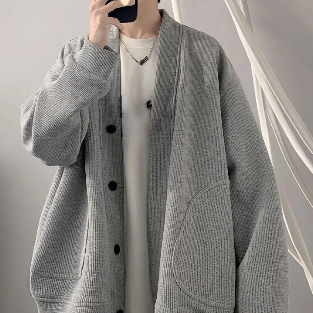 Casual Men's Solid Color Cardigan Jacket with Waffle Weave Texture Long Sleeve V-Neck Outerwear Layering Piece