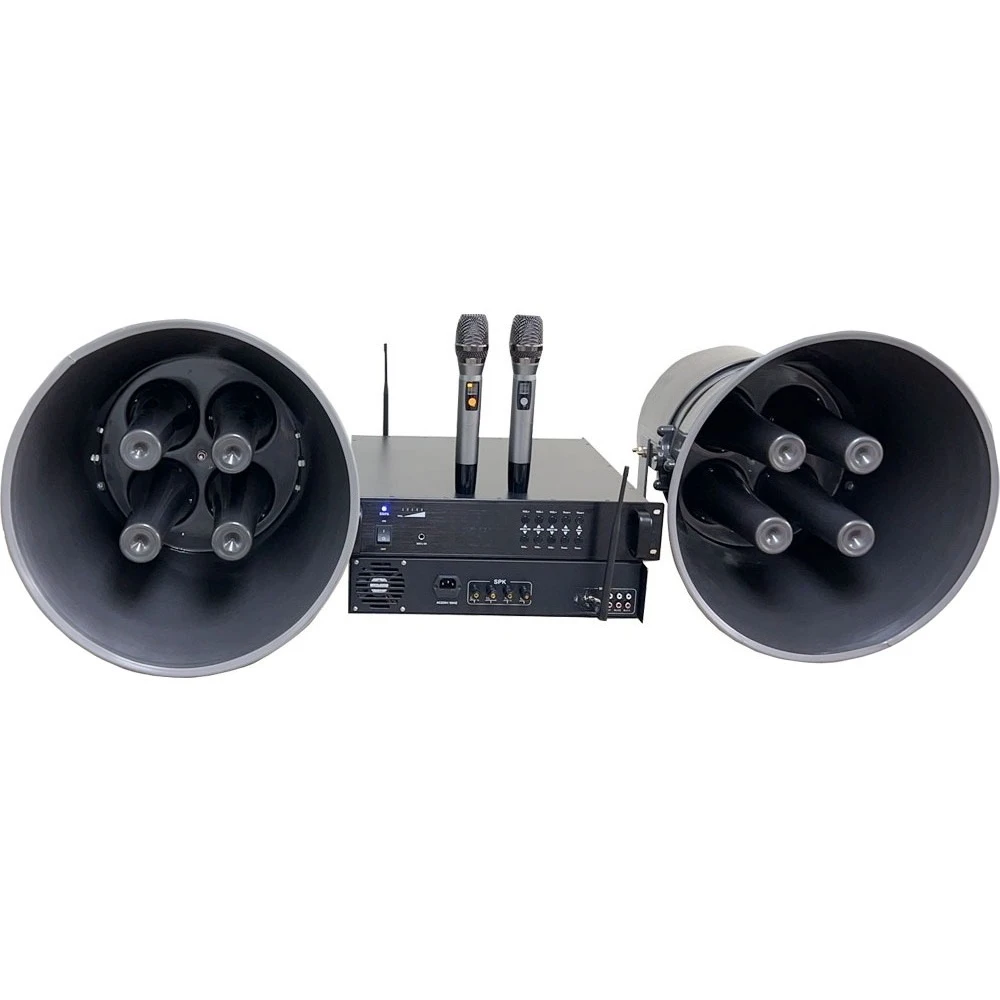 

1000W Amplifier with 2 Wireless Microphones and 2 400W Horn Speakers Aluminum Material Wireless Microphone Power Horn Speaker