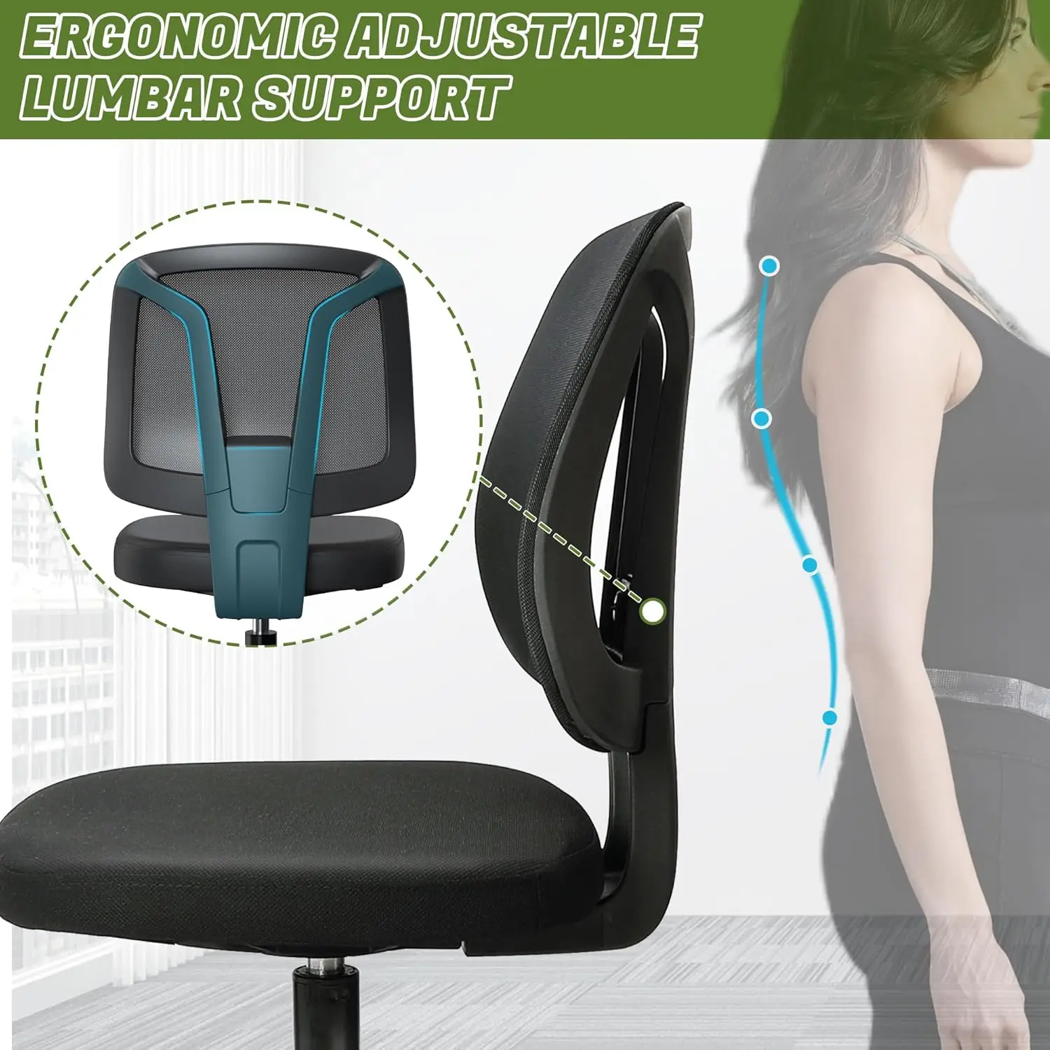 

Modern Comfy Ergonomic No Arms Cute Office Swivel Computer Desk Task Chair With Adjustable Height Seat And Lumbar Support For