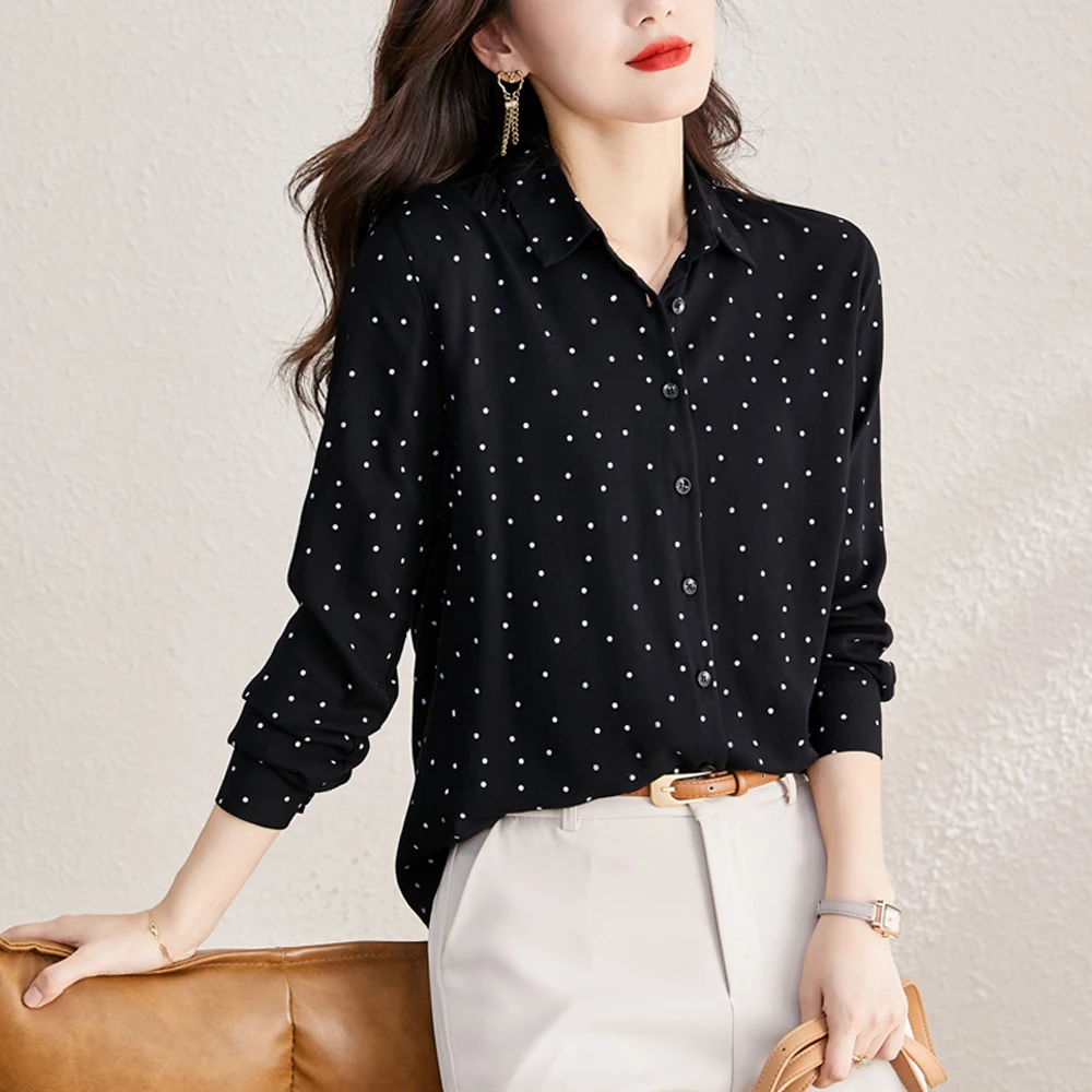 Casual Chiffon Women\'s Blouse Long Sleeve Turn-Down Collar Buttons Polka Dots Shirt Fashion Female Elegant Tops