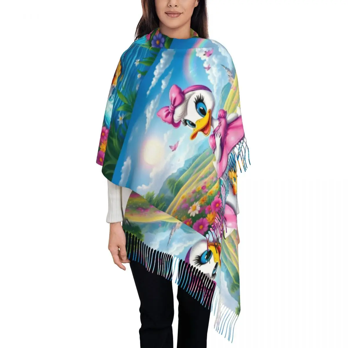 

Custom Lady Large Cartoon Donald Duck Scarves Women Winter Fall Soft Warm Tassel Shawl Wrap Kawaii Anime Scarf