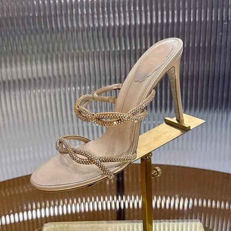2025 Women's Fashion Versatile Roman Sandals Summer Shining Rhinestone Thin High Heel Slippers Banquet Dress Shoes Lazy Shoes