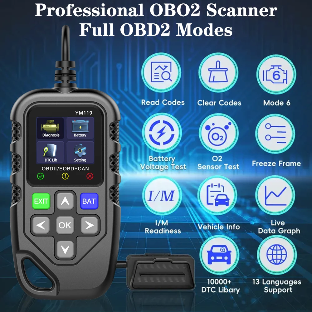 

Диагностический сканер YM119 OBD2 для автомобилей, считыватель кодов OBD2, сканер OBDII, очистка кодов неисправностей, тестер автомобильных датчиков O2 и аккумуляторов 12В
