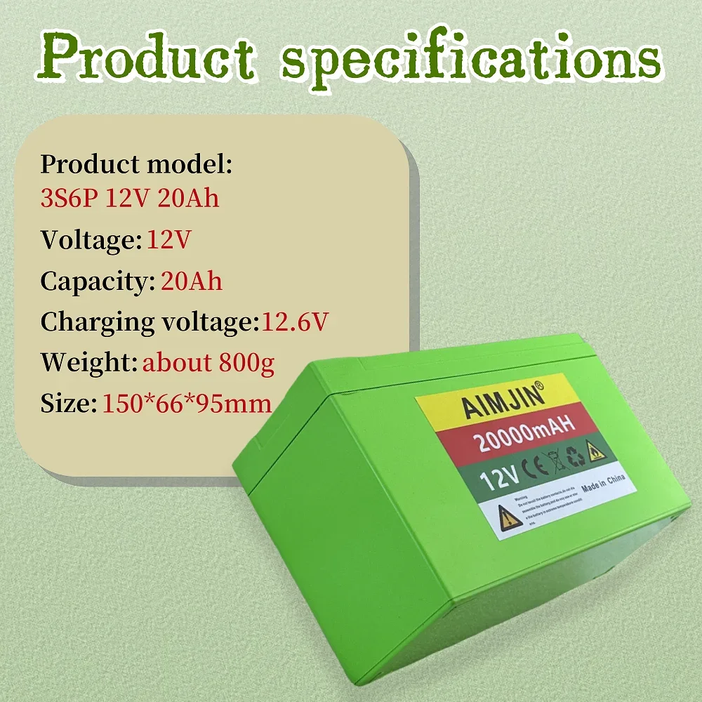 18650 3S6P 12V 20Ah  Rechargeable Lithium battery pack with charger，Suitable for solar storage electric lighting outdoor