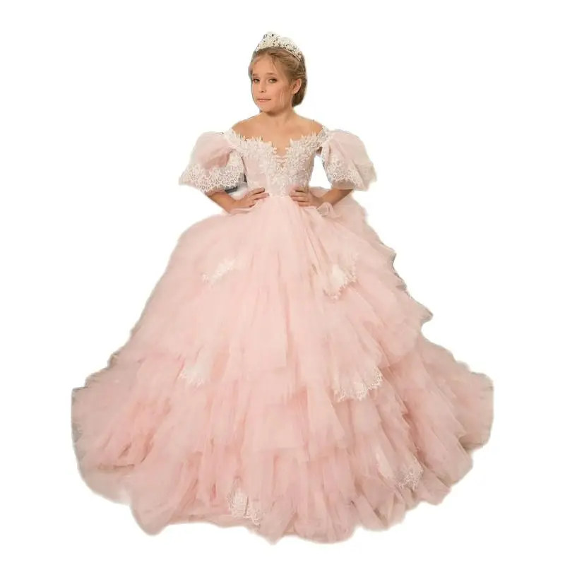 Blumen mädchen Kleid rosa flauschige geschichtete Blase Ärmel Applikation Hochzeit kleine Blume Kinder heilige Kommunion Ballkleid