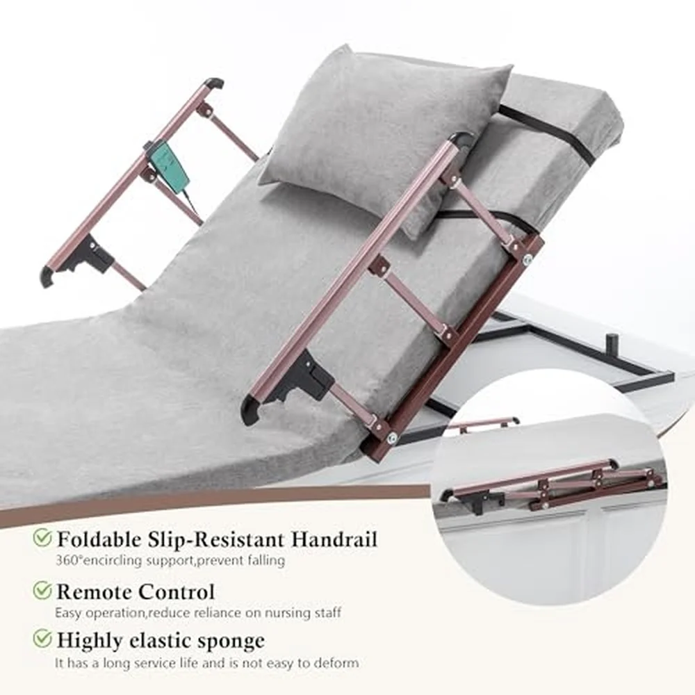 Electric Adjustable Bed Backrest 300 lbs Capacity 4 68° Lift Remote Control Collapsible Safety Rails Washable Cover for