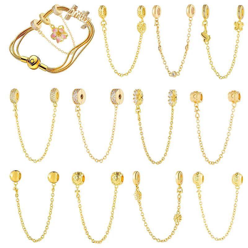 

Safety Chain DIY Sliver Plated Gold Sparkling Pavé Clip&Hearts&Butterfly&Triple Clear Stone Fit Bracelet For Women Jewelry Gifts