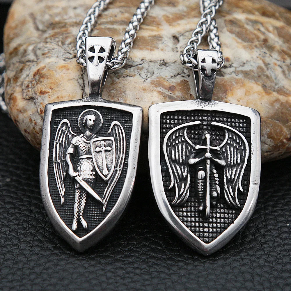 Stainless Steel Angel Saint Michael Necklace Men Retro Angel Warrior Shield Pendant Necklace Knight Amulet Jewelry Wholesale