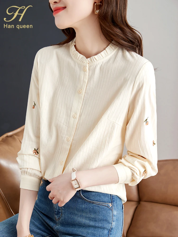 H Han Queen Autumn Blouses Flower Embroidery Vintage Tops Simple Elegant Chiffon Blouse Women Long Sleeve Casual Office Blusas