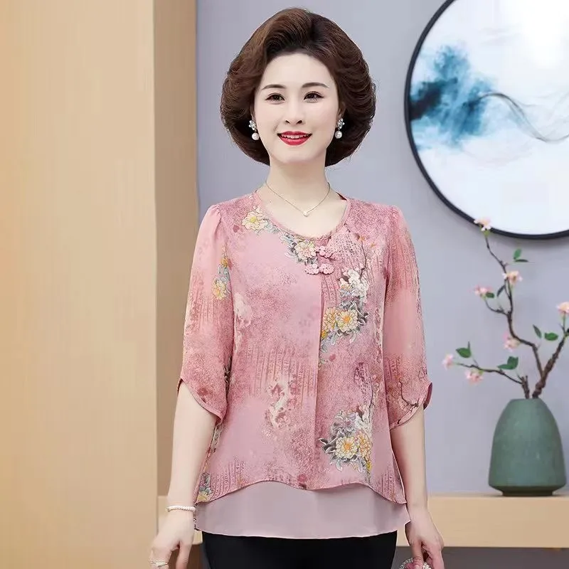 Women Spring Summer Style Fake two pieces Chiffon Blouses Shirts Lady Casual Half Sleeve O-Neck Chiffon Blusas Tops