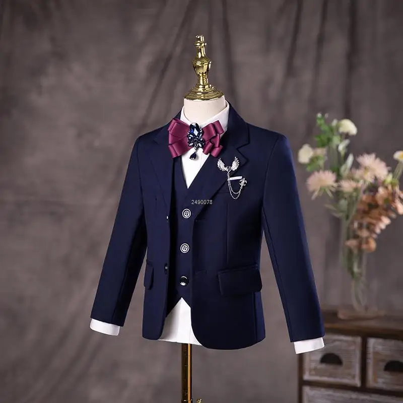 Flower Boys Navy Blue Wedding Suit Kids Photograph Set Teenager Birthday Party Tuxedo Dress Children Graduation Stage Costume