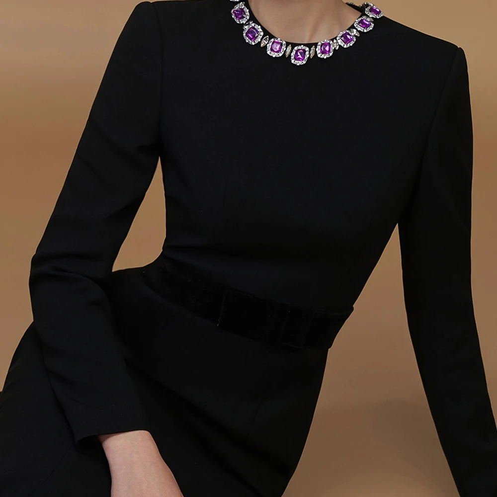 Personalizado a linha vestidos de noite até o chão o pescoço manga cheia vestido de baile moda cristal simples drapeado vestido de festa casual