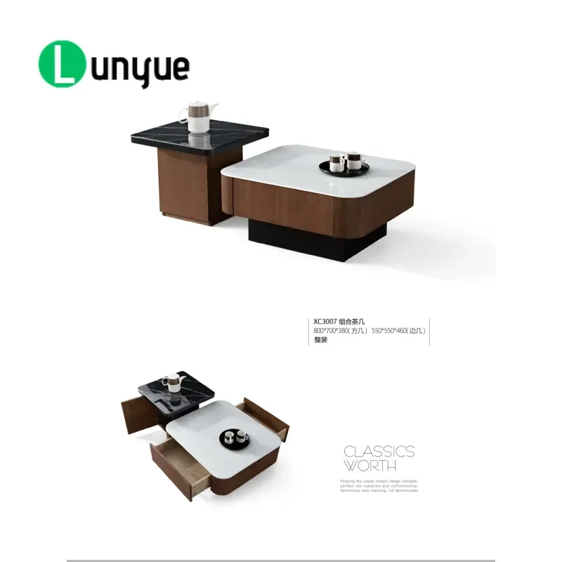 Modern Luxury Wooden Coffee Table Set with Marble Top Square 2 Drawers Expandable Design for Living Room Home Furniture