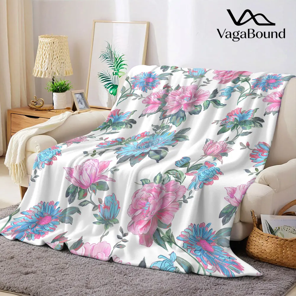 Vintage Peony Chintz Flannel Blanket Warm Soft Halloween Christmas Decorative Couch Warm Cozy All-Season Gift