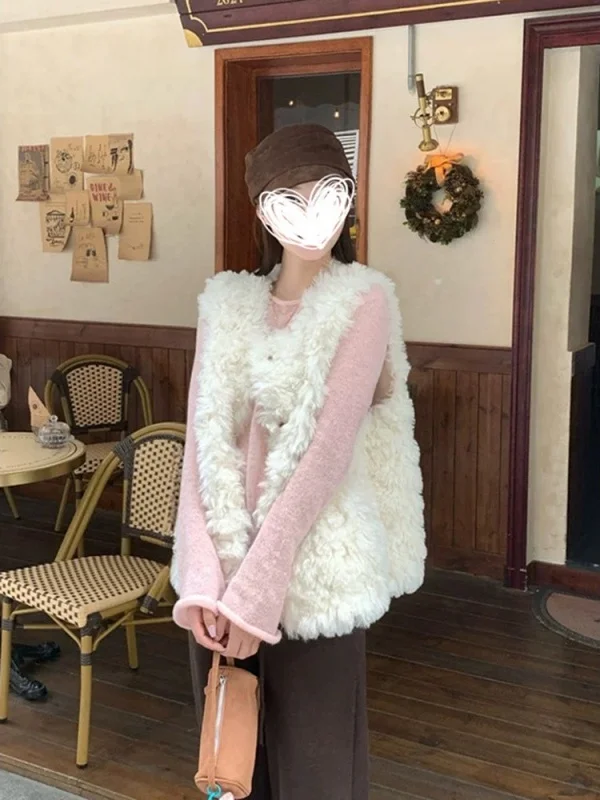 

Lamb Fur Vest Women's Loose Sle Spring Outerwear Long Sve Warmth Collar Zipper Closure Color Commute Faion