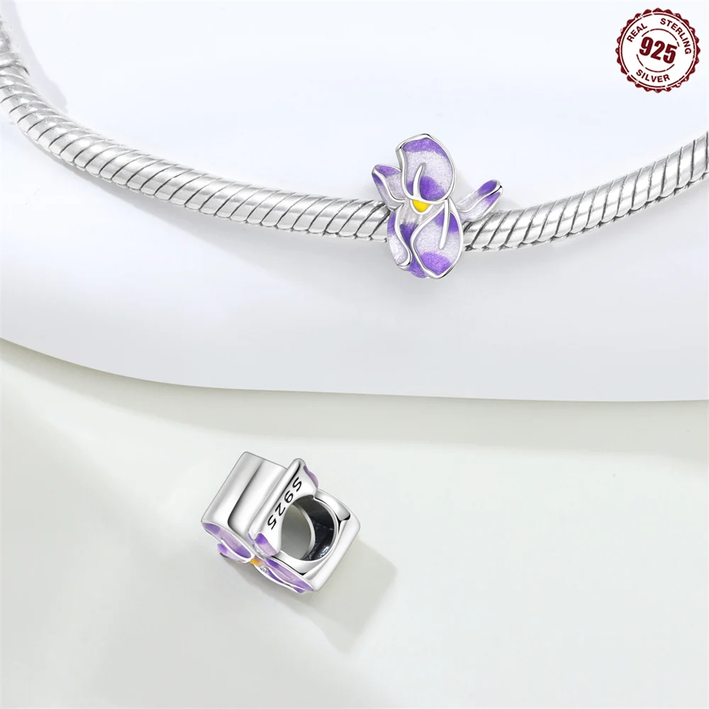 Purple Gradient Enamel Iris Flower Charm 925 Sterling Silver Bead Symbol of Hope Faith Elegance Fit Bracelet DIY Jewelry Gift